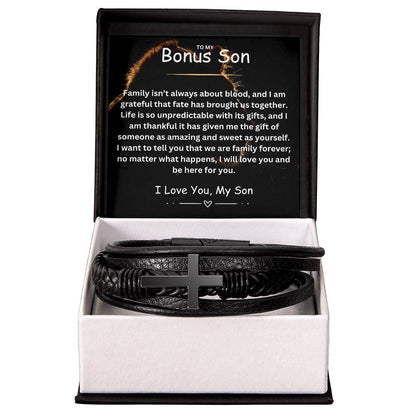 To My Bonus Son | We Are Family Forever | Braided Vegan Cross Leather Bracelet