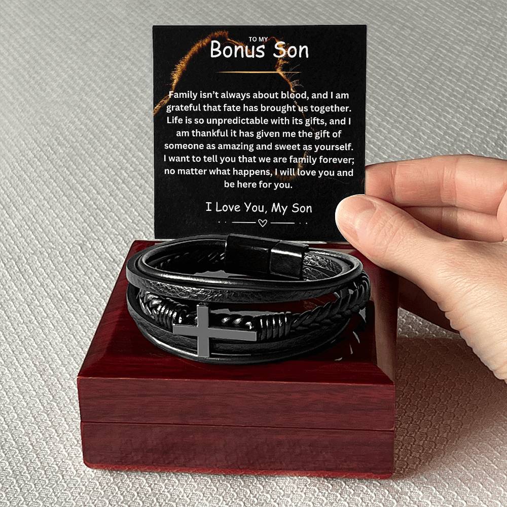 To My Bonus Son | We Are Family Forever | Braided Vegan Cross Leather Bracelet