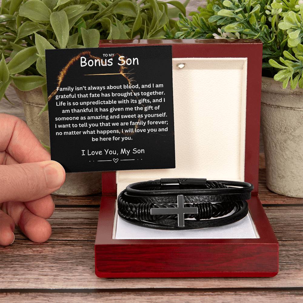 To My Bonus Son | We Are Family Forever | Braided Vegan Cross Leather Bracelet