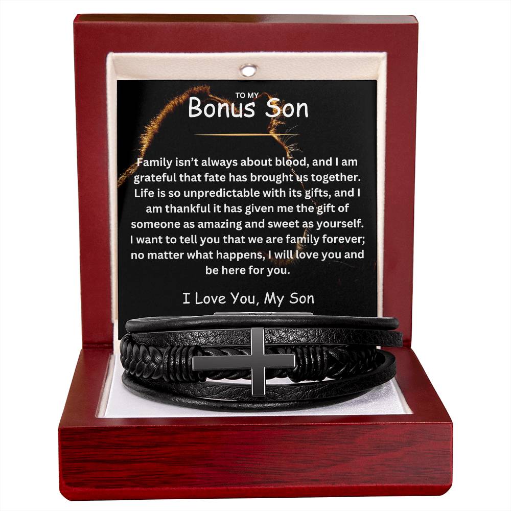 To My Bonus Son | We Are Family Forever | Braided Vegan Cross Leather Bracelet